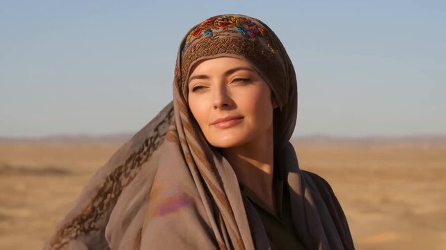 Woman in patterned headscarf gazing across an open desert under clear sky