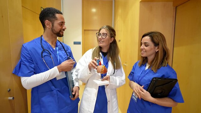 Diverse team of medical professionals, including a female cardiologist and two nurses, discussing human heart anatomy in a hospital hallway during a training session about cardiovascular diseases