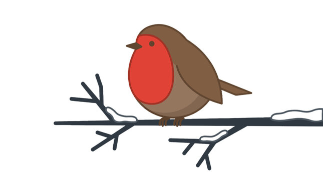 2d FLAT MINIMALISM Minimalist illustration of a robin bird perched on a snow covered branch PNG Isolated on transparent background vector