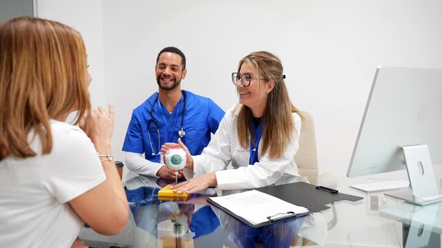 Professional female ophthalmologist using an anatomical eye model to explain a diagnosis to a patient, with a male nurse assisting during the medical consultation in a modern hospital clinic