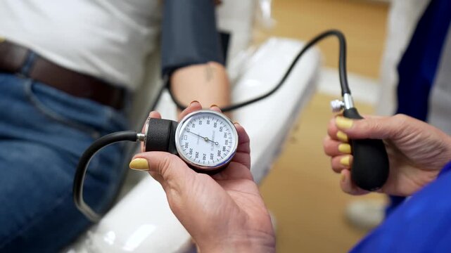 Medical professional measuring a patient's arterial blood pressure using a manual sphygmomanometer during a routine check up in a hospital clinic to monitor for hypertension or hypotension