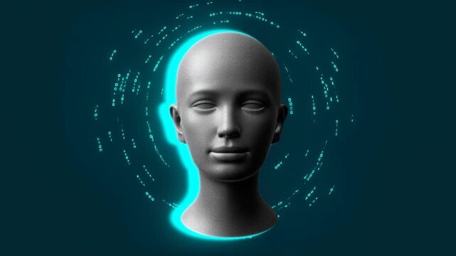 Futuristic humanoid head with cyan glow surrounded by digital code on dark background