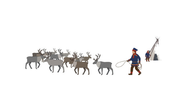 2d FLAT MINIMALISM Sami people herding reindeer in a snowy landscape with a lavvu tent PNG Isolated on transparent background vector