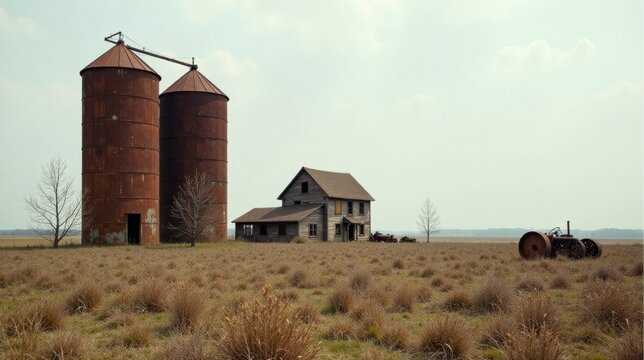 Rustic Farm Scene Abandoned Farmhouse, Rusting Grain Silos, and Weathered Tractor in a Serene, Dry Field