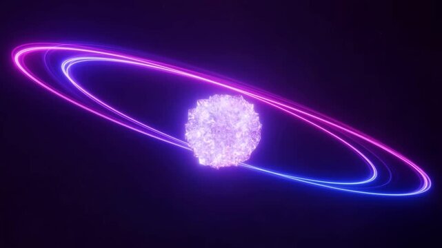 Glowing energy sphere surrounded by neon rings on a dark purple background