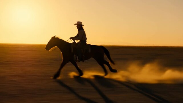 Cowboy galloping on horseback across open desert at sunset, kicking up dust