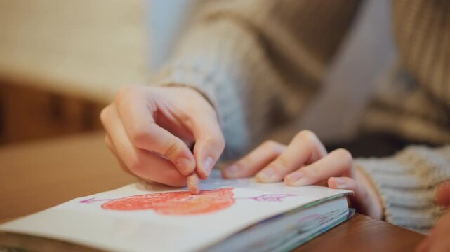 Close up of person hands coloring with crayons on paper in soft lighting. subject holds book steady while applying color focusing solely on hand and material interaction. Background
