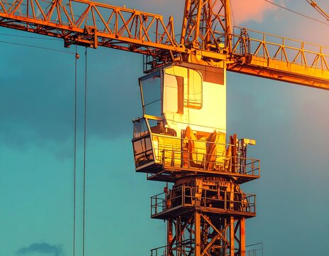 Close-up of a massive industrial tower crane cab against a blue and orange sunset sky. Ideal for construction projects and urban development concepts.