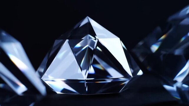 Faceted crystals arranged on a dark surface with reflective blue highlights