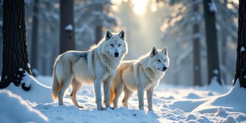 Obraz premium Majestic Arctic canids standing proudly amidst a serene winter forest, bathed in the golden glow of the setting sun, their white fur contrasting beautifully with the snowy landscape.