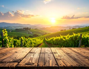 Obraz premium Rustic wooden table surface in the foreground with a vast vineyard landscape at sunset in the background. Perfect for displaying wine bottles and food products.