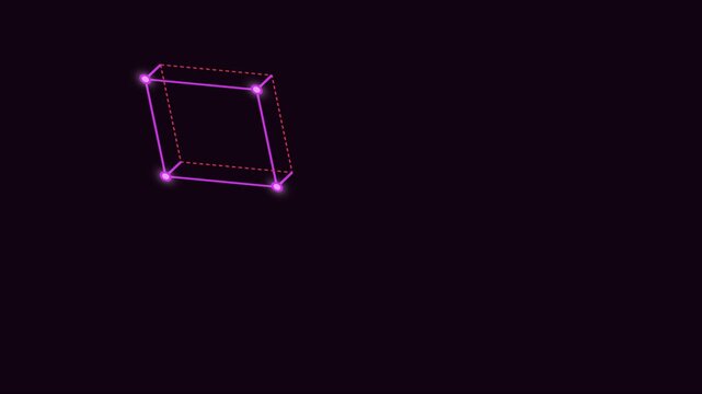 Neon glowing 3 d cube wireframe animation rotating on dark 4k background