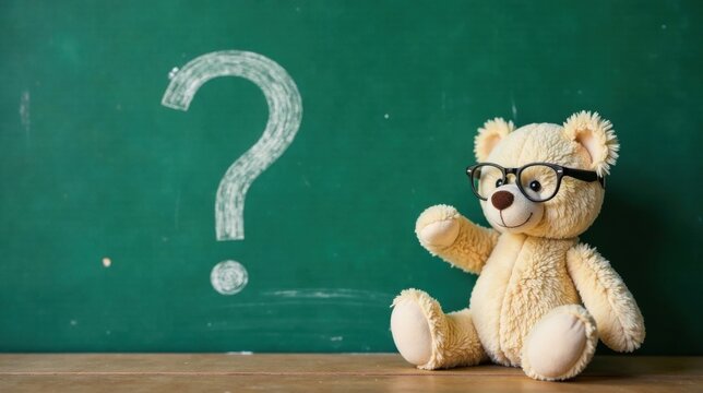A curious teddy bear wearing spectacles contemplates a large question mark drawn on a green chalkboard, seeking answers to life's mysteries.