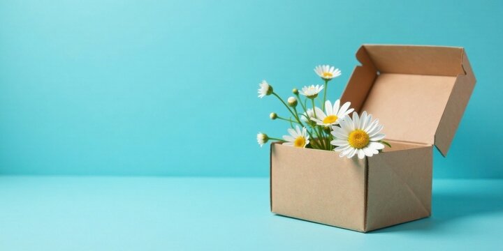 A cardboard box with a bouquet of fresh daisies against a light blue background; a cheerful spring scene