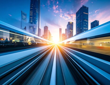 Sleek modern high-speed bullet trains speeding through a glowing metropolis at sunrise. Ideal for transportation, urban commuting, and future technology concepts.
