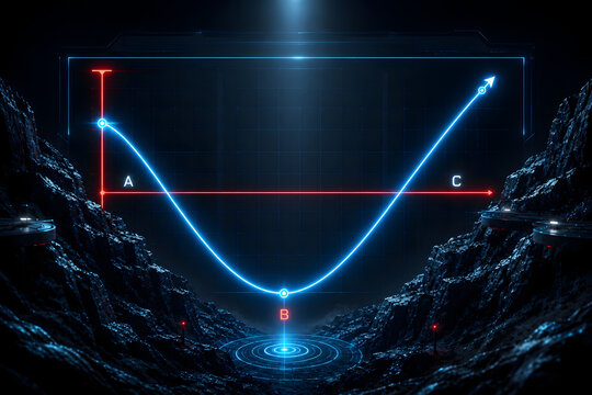 Economic recovery trend chart glowing over futuristic rocky landscape representing financial turnaround market bounce back and business growth