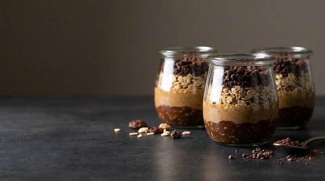 Healthy dessert jars for no bake snack ideas with oats, peanut butter and cocoa on dark table
