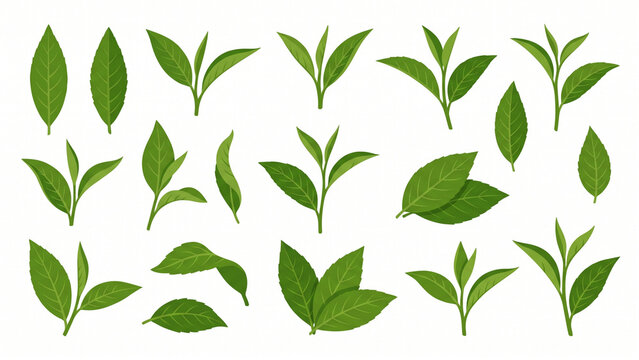 Fresh Raw Green Tea Leaves Collection Isolated on White Vector Illustration