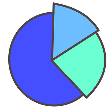 Blue pie chart icon illustration. Hand drawn circular graph showing proportions isolated on white background.