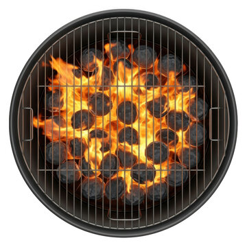 Top view of a round charcoal grill with glowing fire and coals isolated on transparent background