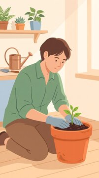 Young man kneeling on the floor and planting a green sprout in a terracotta pot at home with indoor gardening house plants gardening glove