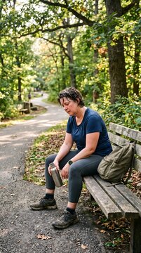 Mature woman resting on a wooden bench along a forest trail while holding a water bottle with nature walk outdoor recreation autumn woods