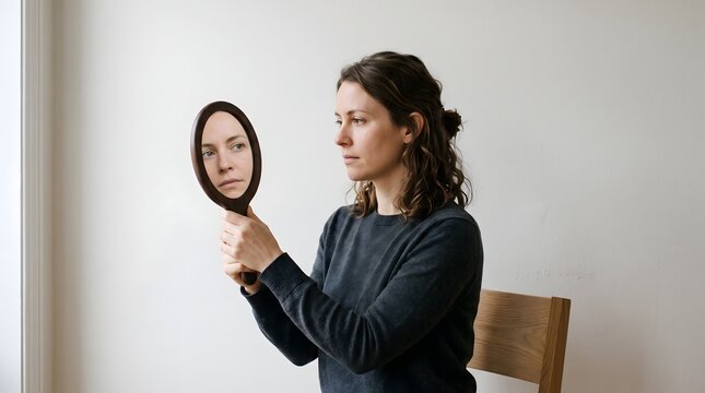 Young woman looking closely at her reflection in a small hand mirror indoors with self reflection personal care beauty routine human face