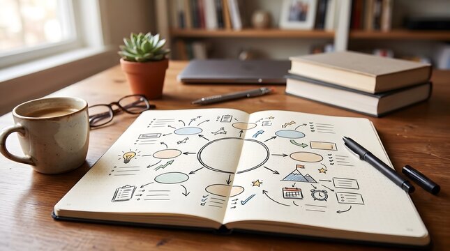 Open notebook with handwritten mind map notes on wooden desk with coffee cup and books notebook planning brainstorming business