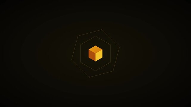 Minimalist golden cube rotating with geometric hexagon lines on dark animation 4k background abstract