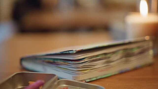 Close up of stack of colorful drawing paper on wooden table with pastel crayons in small metal tins softly lit by candlelight. scene features warm ambient lighting and shallow depth of field