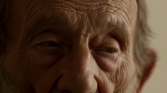 Elderly man looking aside in warm indoor closeup with deeply lined face
