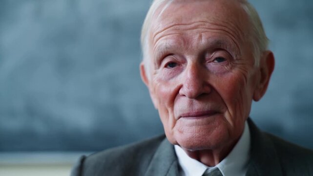 Elderly Man in Suit Looking Thoughtfully Ahead Against Blue Background