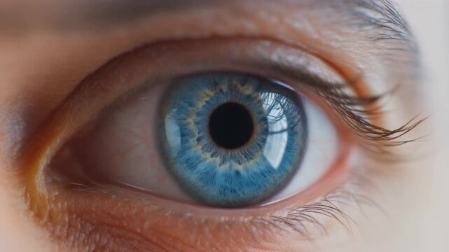 Extreme macro footage of a single beautiful human eye, vibrant cobalt-blue iris reflecting diverse beauty for National Hispanic Heritage Month