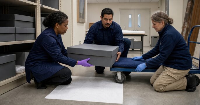 Museum Collection Preservation Small-group Including Arab Adults Scene With Exactly Three Professionals In A Clean Storage Room A Conservator In Her 40s A Registrar In His 30s