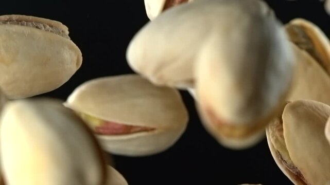 Pistachio nuts falling through air in slow motion on black background