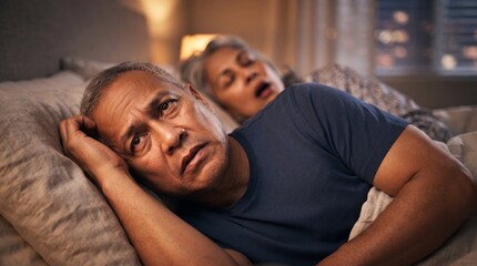 Fototapeta premium Tired man lying in bed awake while woman sleeping and snoring behind him at night. Sleep disturbance and insomnia problem. Annoyed husband suffering from snoring wife at home