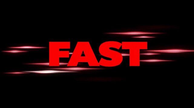 Red 3D FAST lettering on abstract dark background with diagonal colored light streaks