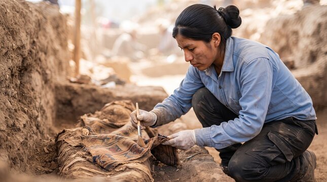 Woman archaeologist brushing ancient textile at excavation site. Careful cleaning of mummy bundle in desert tomb. Archaeology and history science concept for archaeologist day