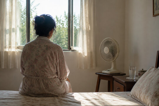 Middle-aged woman in thin cotton robe on edge of bed, electric fan on wooden stool, glass of water, open window with light curtains, morning self-care