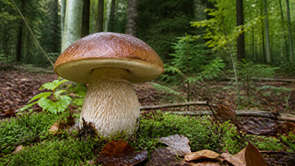 Fototapeta premium Porcini mushroom with thick stem and brown cap on a mossy forest floor