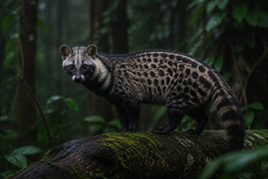 Wild African civet on mossy log in dim rainforest, spotted coat and dark face mask, wildlife and nature concept
