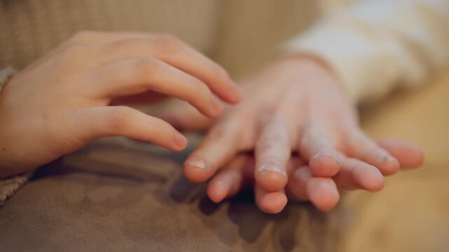 Close up of two hands gently resting and interacting on soft fabric surface with fingers overlapping in calm contact. scene features warm lighting that highlights texture of skin tones