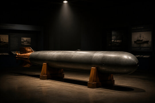 Decommissioned naval torpedo on wooden display cradles in museum, naval history concept