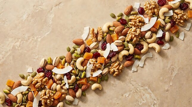 A vibrant assortment of nutty snack ideas arranged neatly on a stone background for healthy eating concepts