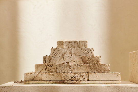 Stepped limestone ziggurat sculpture with dry vine tendrils on stone plinth, heritage and retail display concept