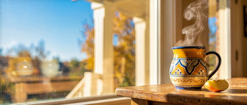Steaming mug of hot apple cider on wooden table near window filled with warm autumn sunlight. Ornate yellow and blue ceramic cup with rising steam and apple slice on sunny fall day background
