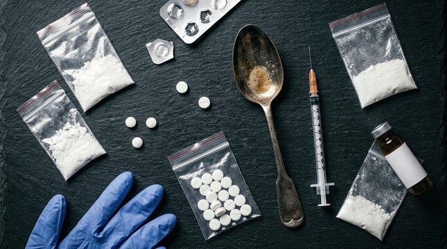 Blue latex glove plastic bags with white powder syringe and pills arranged on dark slate background surface with pharmaceutical contraceptive preparation consumption contraband substance medical