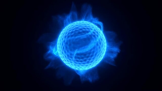 Glowing blue dimpled sphere surrounded by energy wisps on a dark abstract background