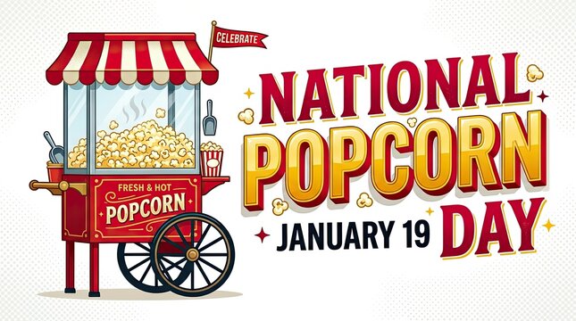 Illustrated popcorn cart celebrating national popcorn day with date january 19 with Cartoon popcorn machine highlights fresh hot snack special holiday event illustration announcement celebration