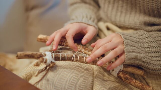 Close up of person weaving with natural materials hands manipulating string between wooden sticks to create intricate pattern. scene features soft lighting and neutral tones focusing
